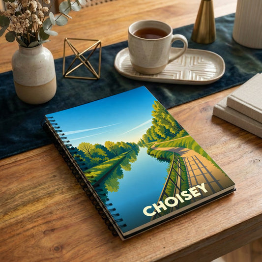 Carnet souvenir de la ville de Choisey orné d'une illustration stylisée d'un paysage fluvial.