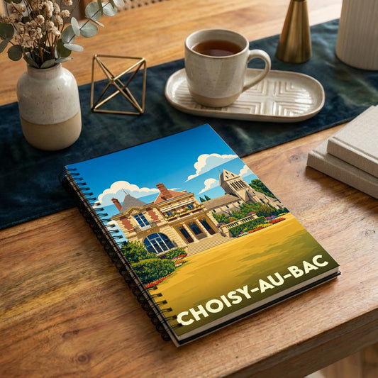 Carnet à spirales souvenir de la ville de Choisy-au-Bac avec une illustration stylisée de son patrimoine.
