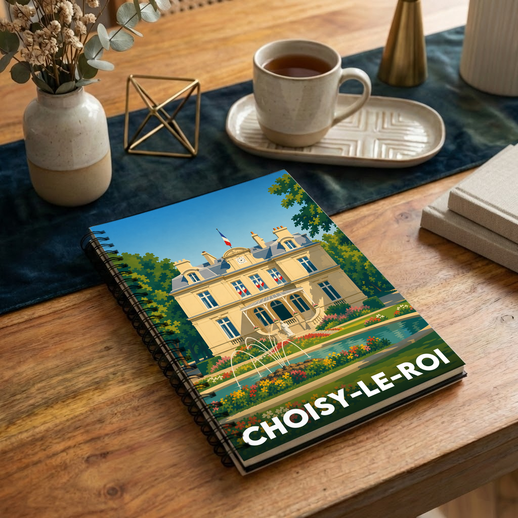 Carnet souvenir de la ville de Choisy-le-Roi avec une illustration stylisée de son patrimoine architectural et de ses jardins.