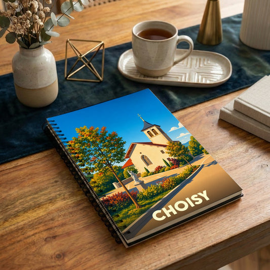 Carnet de notes à spirales souvenir de la ville de Choisy avec une illustration colorée et stylisée.