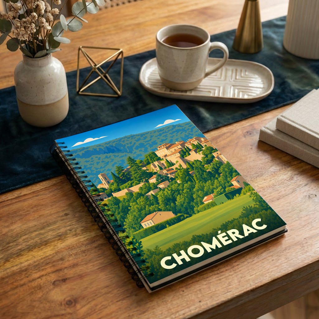 Carnet à spirales souvenir de la ville de Chomérac avec une illustration stylisée de ses paysages.