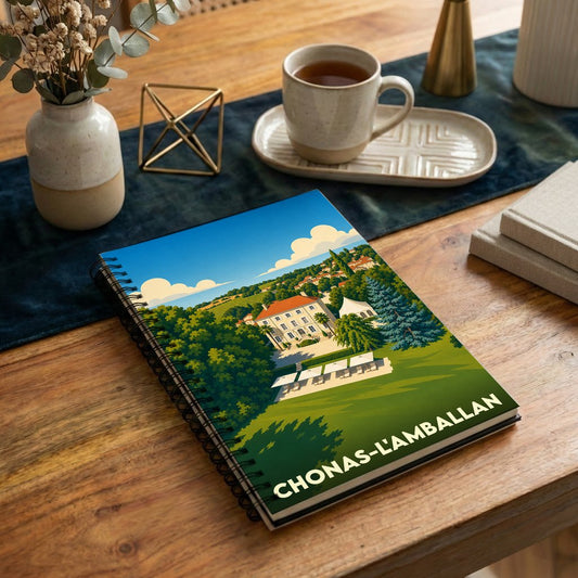 Carnet à spirales souvenir de la ville de Chonas-l'Amballan avec une illustration paysagère stylisée.