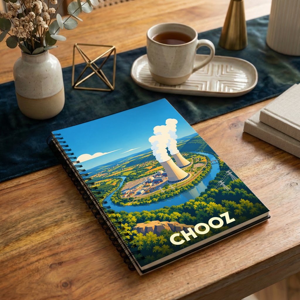 Carnet à spirale souvenir de la ville de Chooz avec une illustration stylisée de sa centrale nucléaire.