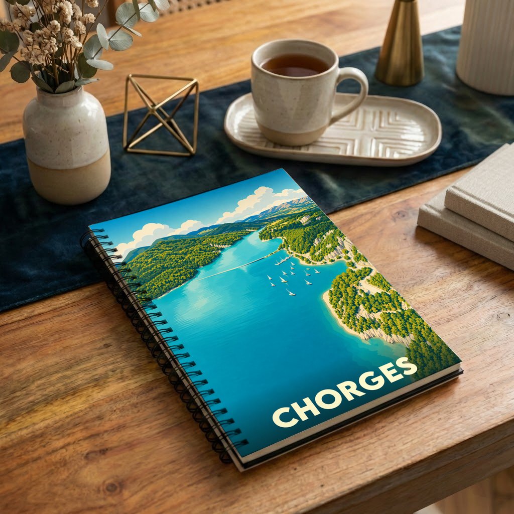 Carnet souvenir de la ville de Chorges illustré par un paysage lacustre stylisé.