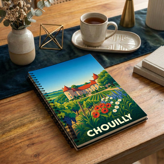 Carnet à spirale souvenir de la ville de Chouilly avec une illustration stylisée de vignoble et de château.