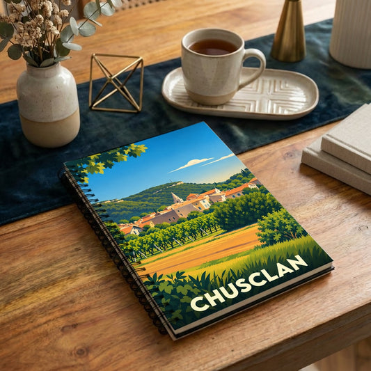 Carnet souvenir de la ville de Chusclan avec une illustration stylisée de son paysage provençal.