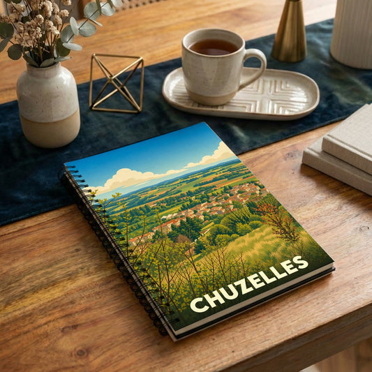 Carnet souvenir de la ville de Chuzelles avec une illustration de paysage stylisée.