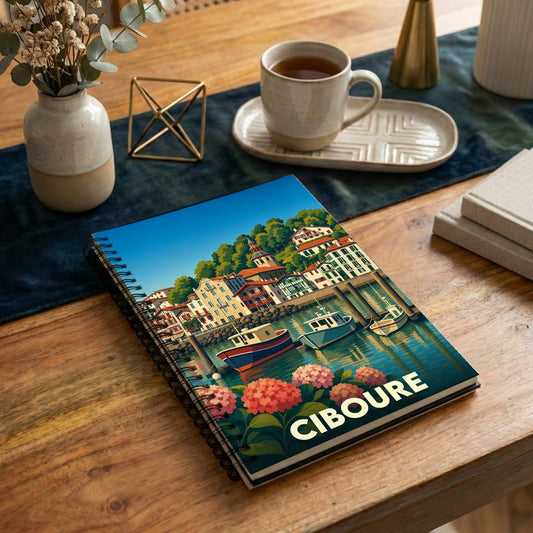 Carnet de notes souvenir de la ville de Ciboure avec une illustration colorée de son port et de ses maisons typiques.
