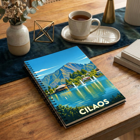 Carnet de notes à spirales souvenir de la ville de Cilaos illustrant un paysage de montagne et de lac.