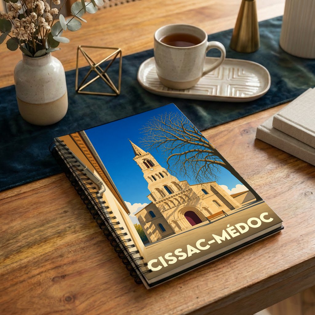 Carnet souvenir de la ville de Cissac-Médoc avec une illustration stylisée de son église.