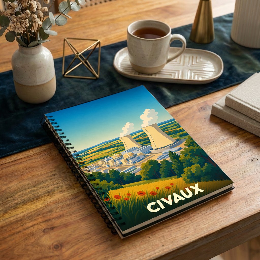 Carnet souvenir de la ville de Civaux avec une illustration stylisée d'une centrale nucléaire dans un paysage champêtre.