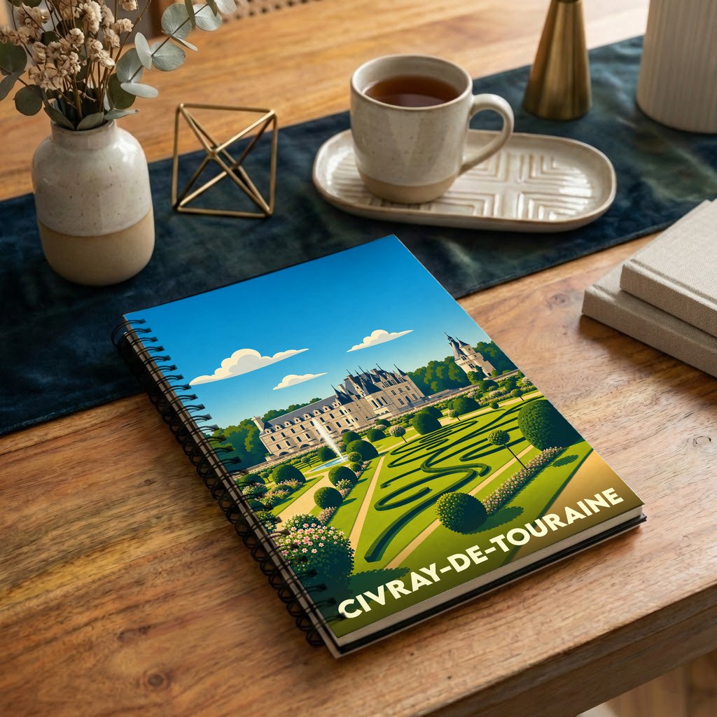 Carnet à spirales souvenir de la ville de Civray-de-Touraine illustré par un château et ses jardins à la française.
