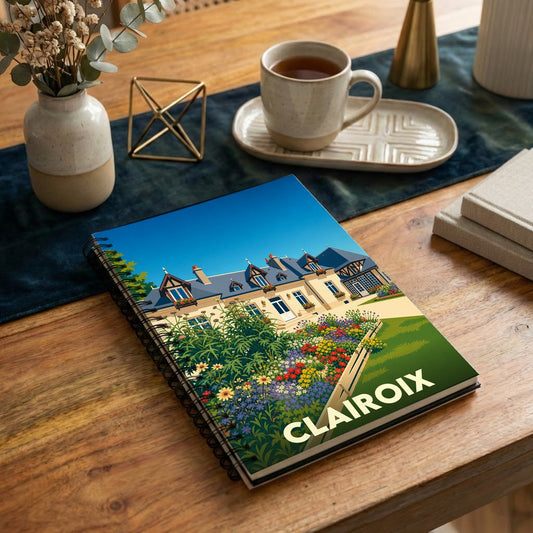 Carnet à spirales souvenir de la ville de Clairoix illustré d'une scène de jardin fleuri devant une demeure élégante.
