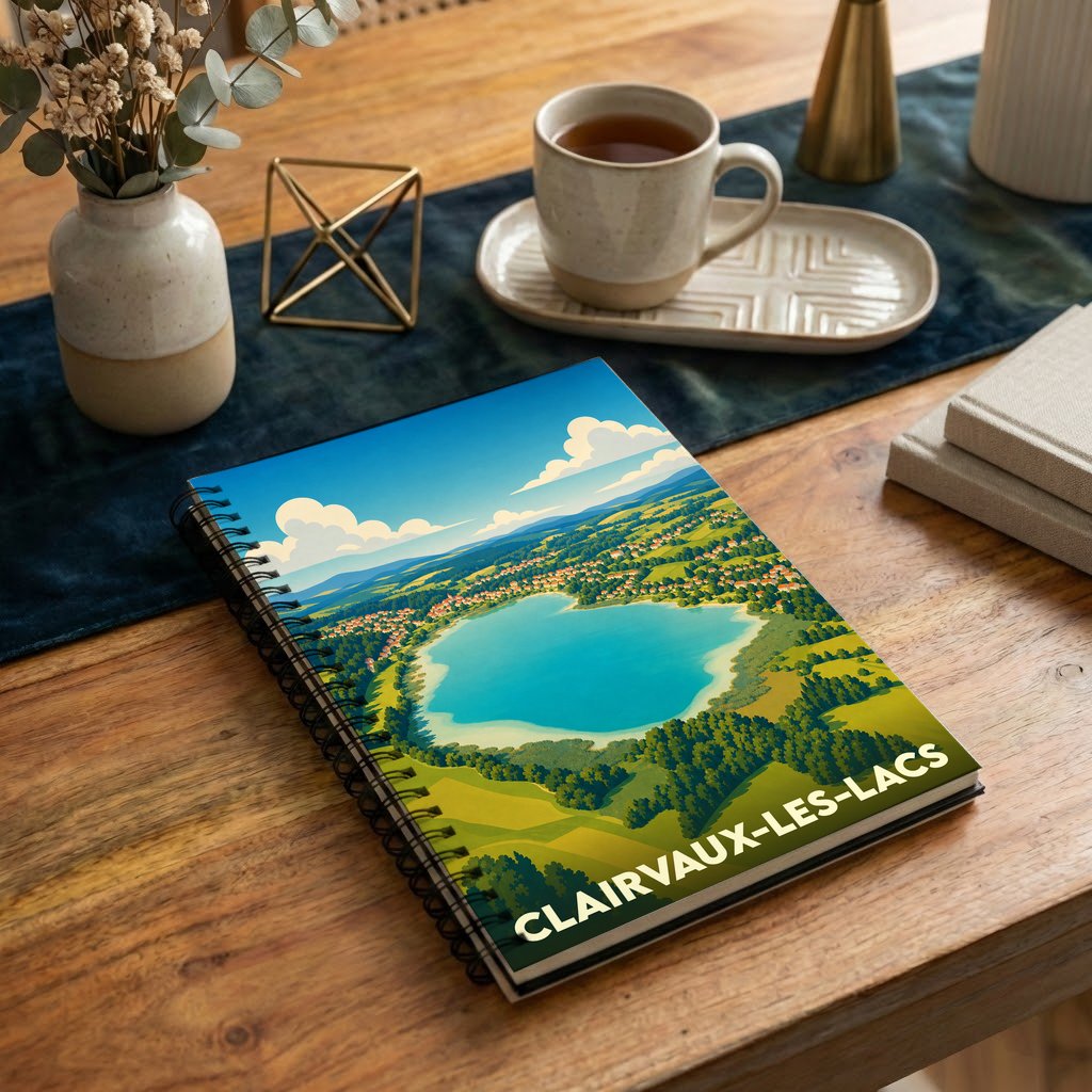 Carnet à spirales souvenir de Clairvaux-les-Lacs avec une illustration stylisée de son lac et de ses paysages verdoyants.