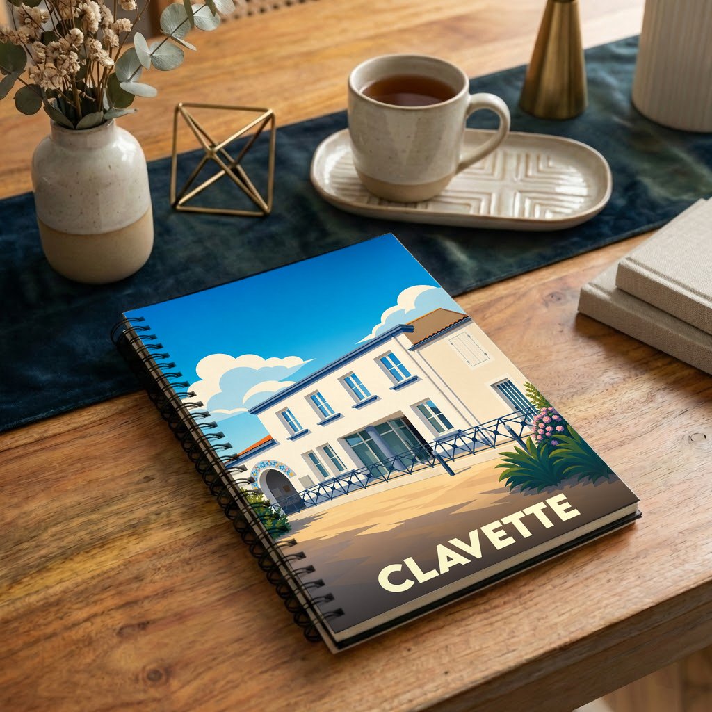 Carnet à spirales souvenir de la ville de Clavette avec une illustration stylisée.