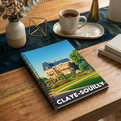 Carnet souvenir de la ville de Claye-Souilly avec une illustration stylisée d'une demeure et de son jardin.