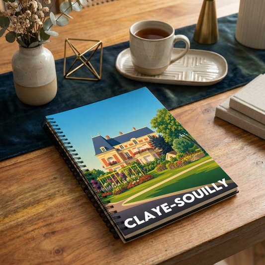 Carnet souvenir de la ville de Claye-Souilly avec une illustration stylisée d'une demeure et de son jardin.