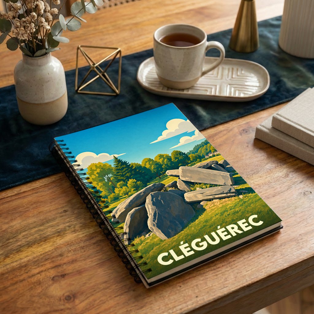 Carnet souvenir de la ville de Cléguérec avec une illustration stylisée de mégalithes.