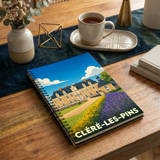 Carnet à spirales souvenir de la ville de Cléré-les-Pins illustré d'un château entouré de fleurs.