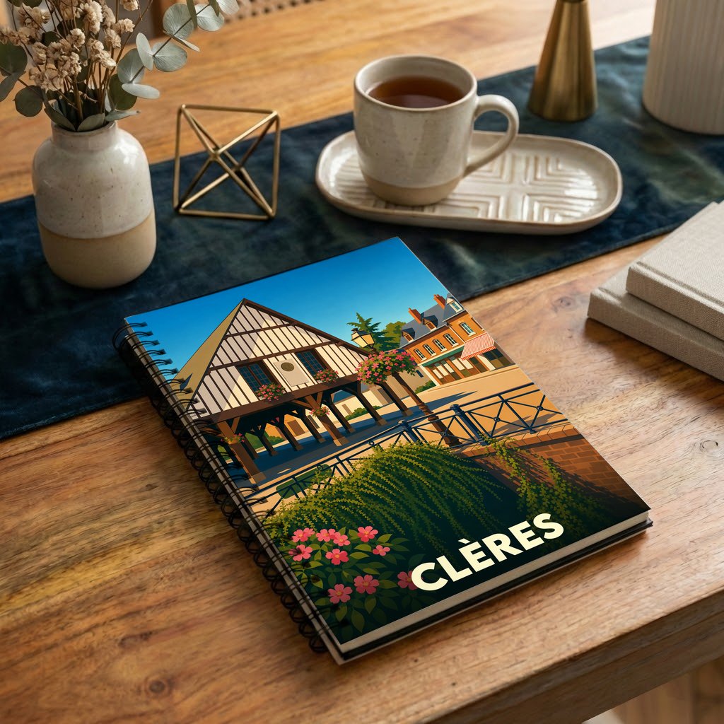 Carnet souvenir de la ville de Clères avec une illustration stylisée et colorée.