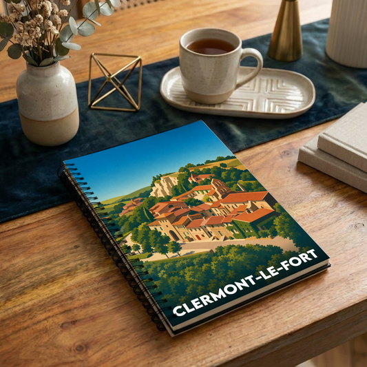 Carnet souvenir de la ville de Clermont-le-Fort avec une illustration stylisée.