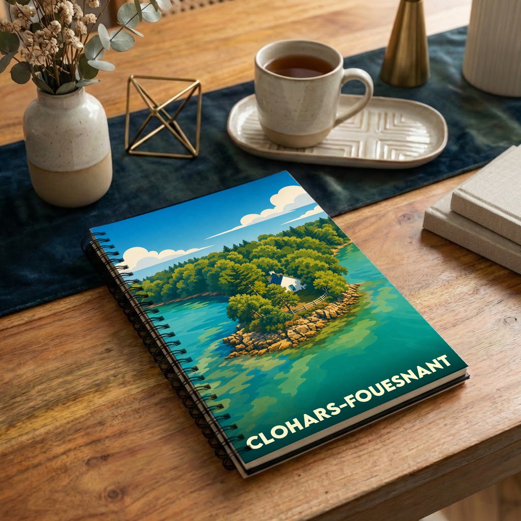 Carnet à spirales souvenir de la ville de Clohars-Fouesnant avec une illustration stylisée d'un paysage côtier.