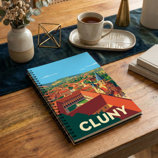 Carnet souvenir de la ville de Cluny avec une illustration stylisée.