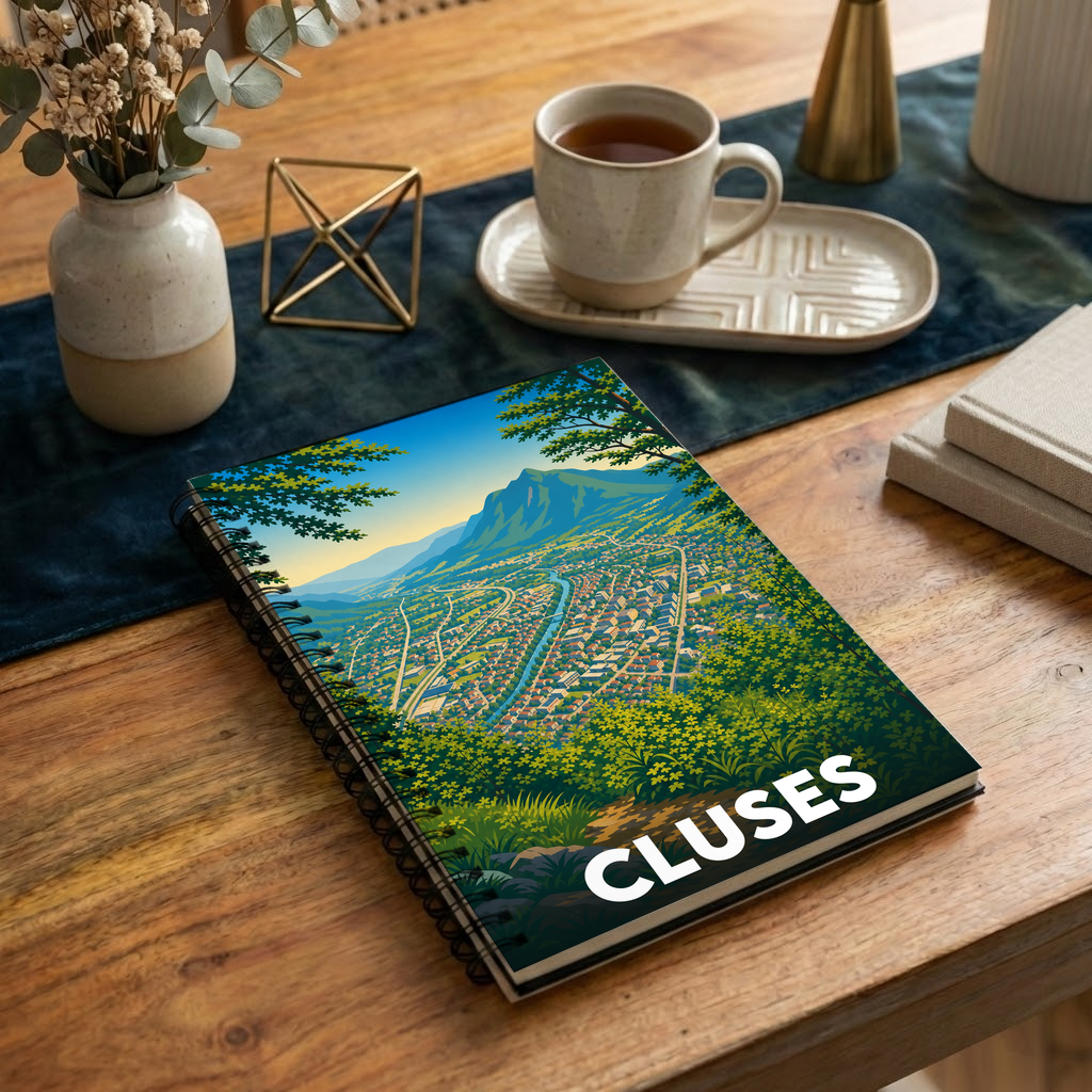 Carnet souvenir de la ville de Cluses avec une illustration de paysage stylisée.