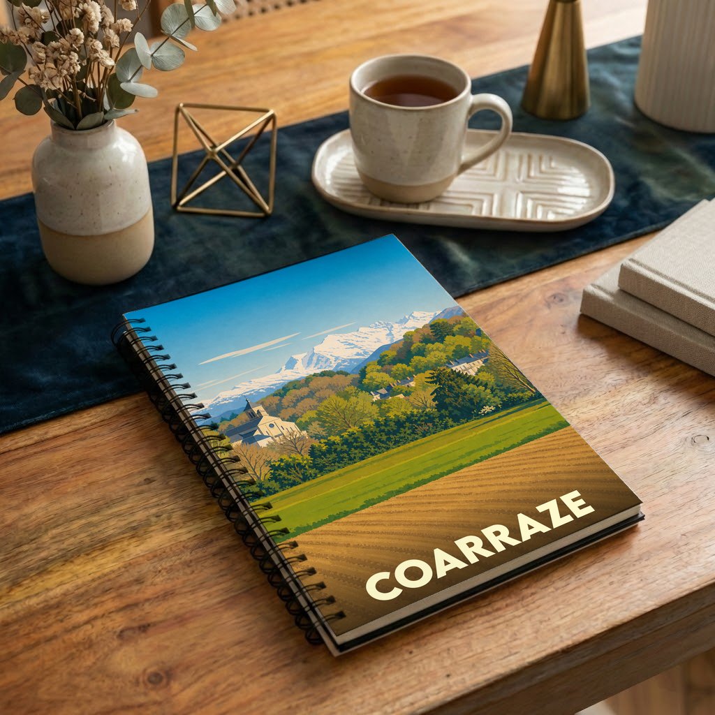 Carnet de notes à spirales souvenir de la ville de Coarraze avec une illustration paysagère stylisée.