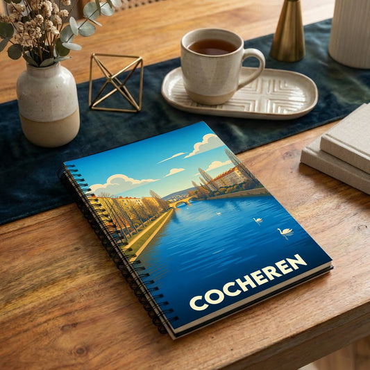 Carnet à spirales souvenir de la ville de Cocheren avec une illustration stylisée d'un paysage fluvial.