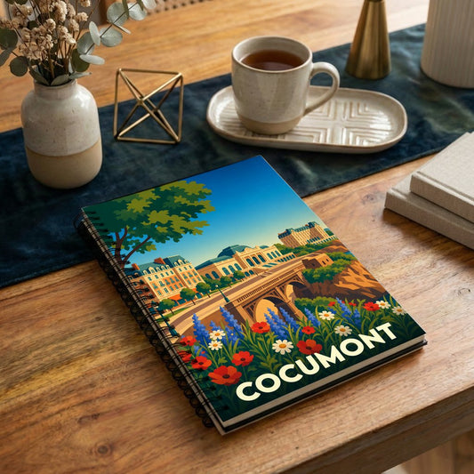 Carnet souvenir de la ville de Cocumont orné d'une illustration colorée et stylisée de son paysage urbain.