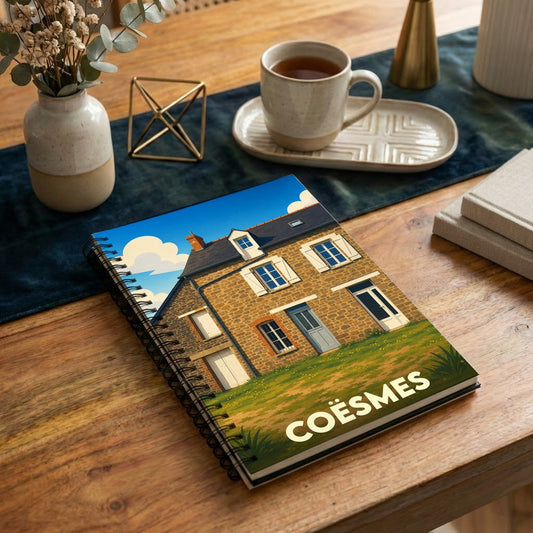 Carnet à spirale souvenir de la ville de Coësmes avec une illustration stylisée d'une maison traditionnelle bretonne.