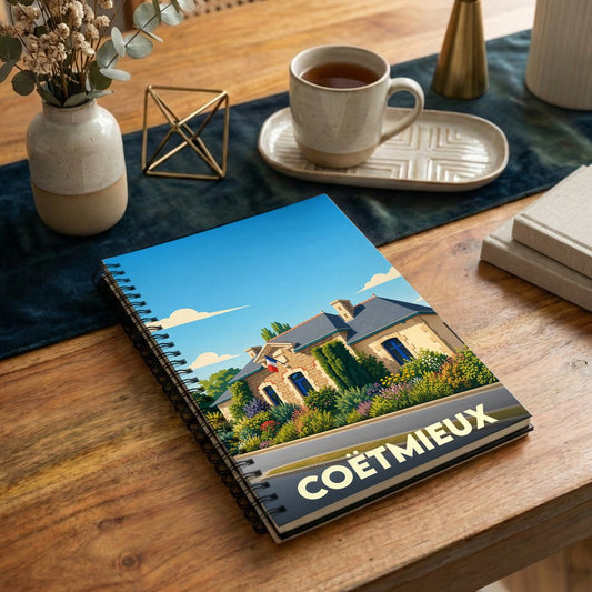 Carnet à spirales souvenir de la ville de Coëtmieux avec une illustration colorée et stylisée de sa mairie.