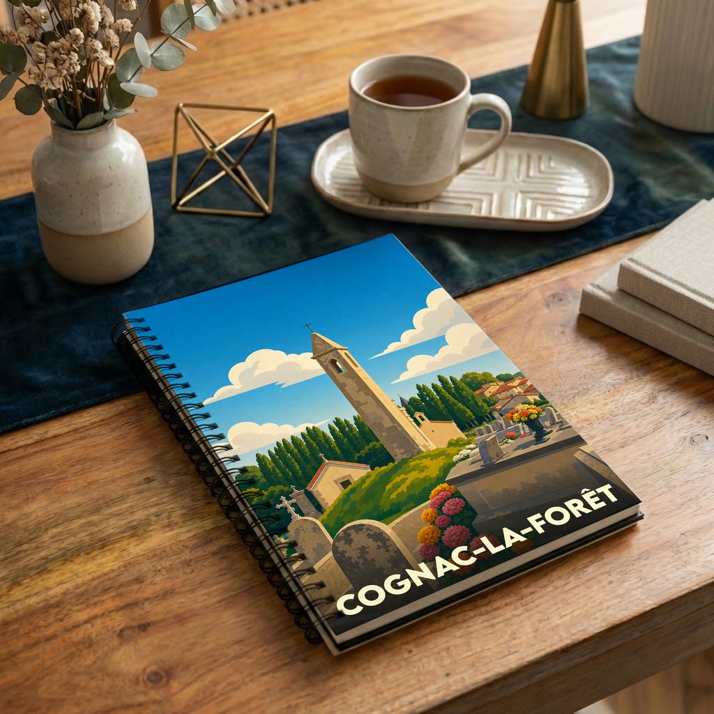 Carnet à spirales souvenir de la ville de Cognac-la-Forêt avec une illustration stylisée de son église et de son paysage.