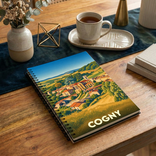 Carnet souvenir de la ville de Cogny avec une illustration stylisée d'un paysage vallonné.