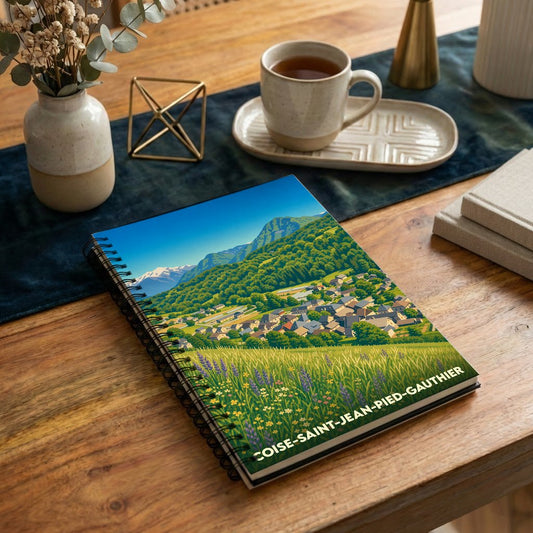 Carnet souvenir de la ville de Coise-Saint-Jean-Pied-Gauthier avec une illustration stylisée de son paysage montagneux.
