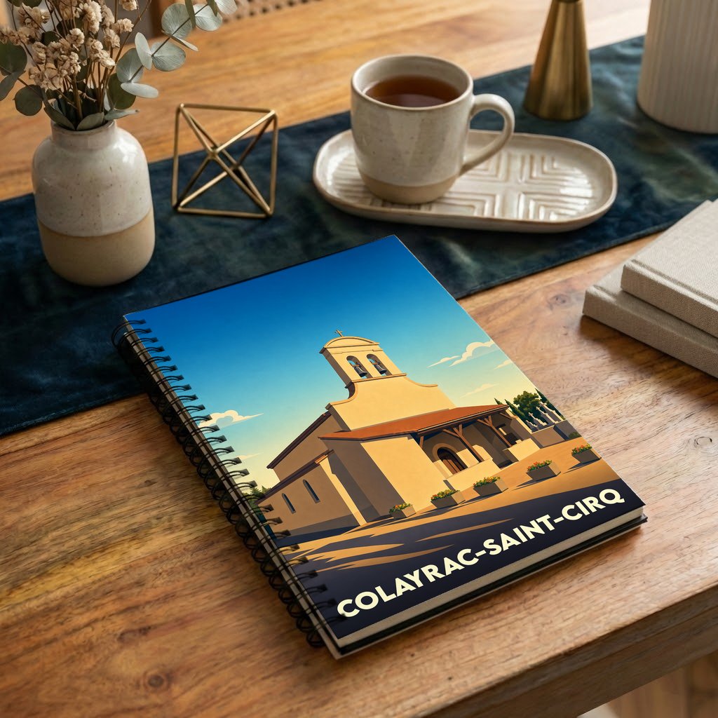 Carnet de notes à spirales souvenir de Colayrac-Saint-Cirq avec une illustration stylisée de son église sous un ciel bleu.