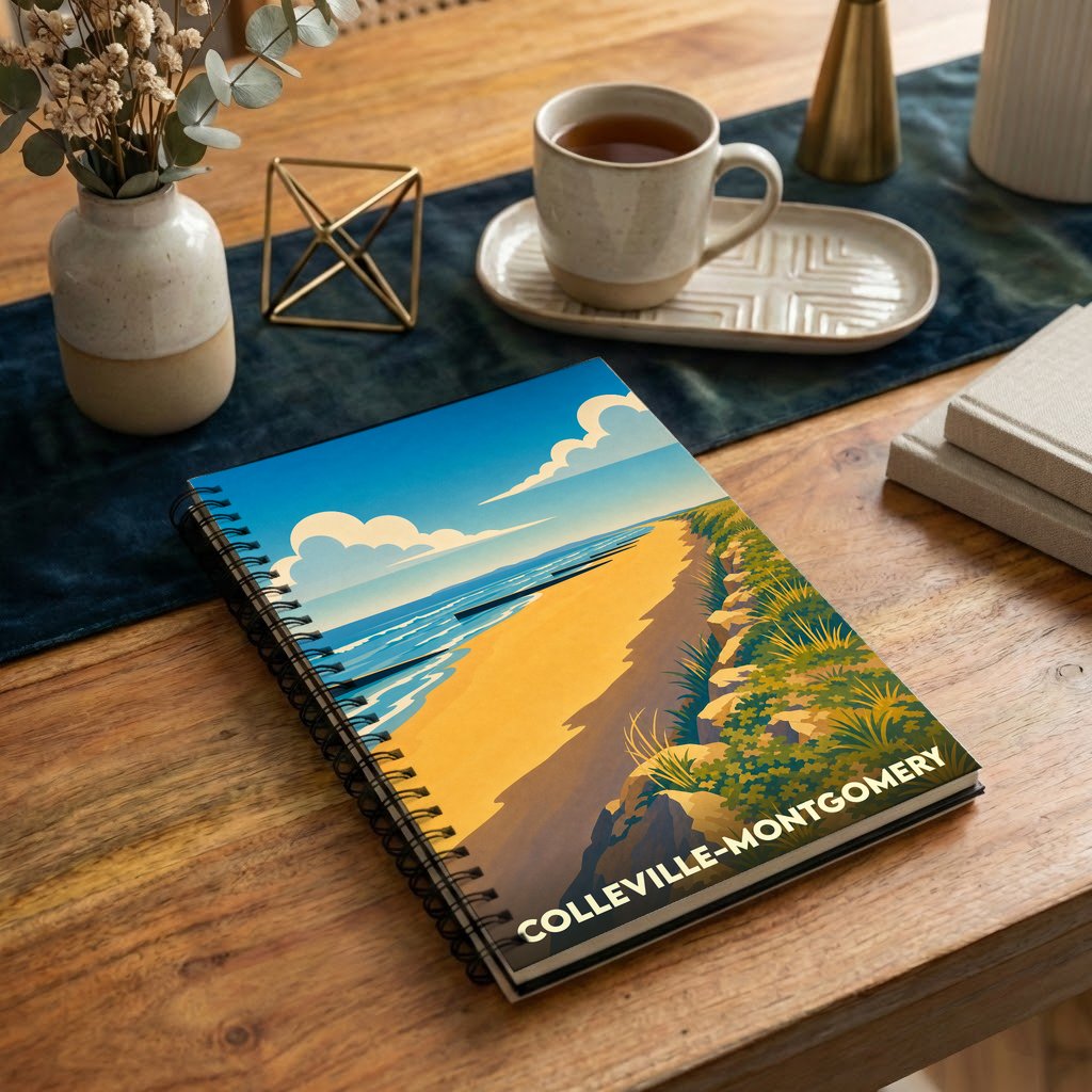 Carnet à spirale souvenir de Colleville-Montgomery avec une illustration stylisée de sa plage et de ses dunes.