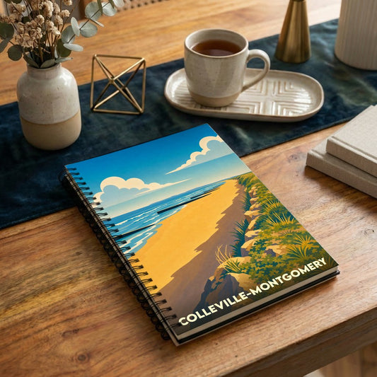 Carnet à spirale souvenir de Colleville-Montgomery avec une illustration stylisée de sa plage et de ses dunes.