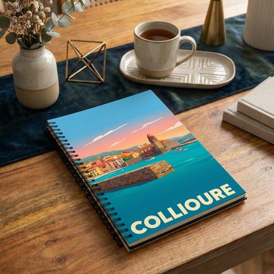 Carnet souvenir de la ville de Collioure avec une illustration stylisée et colorée.