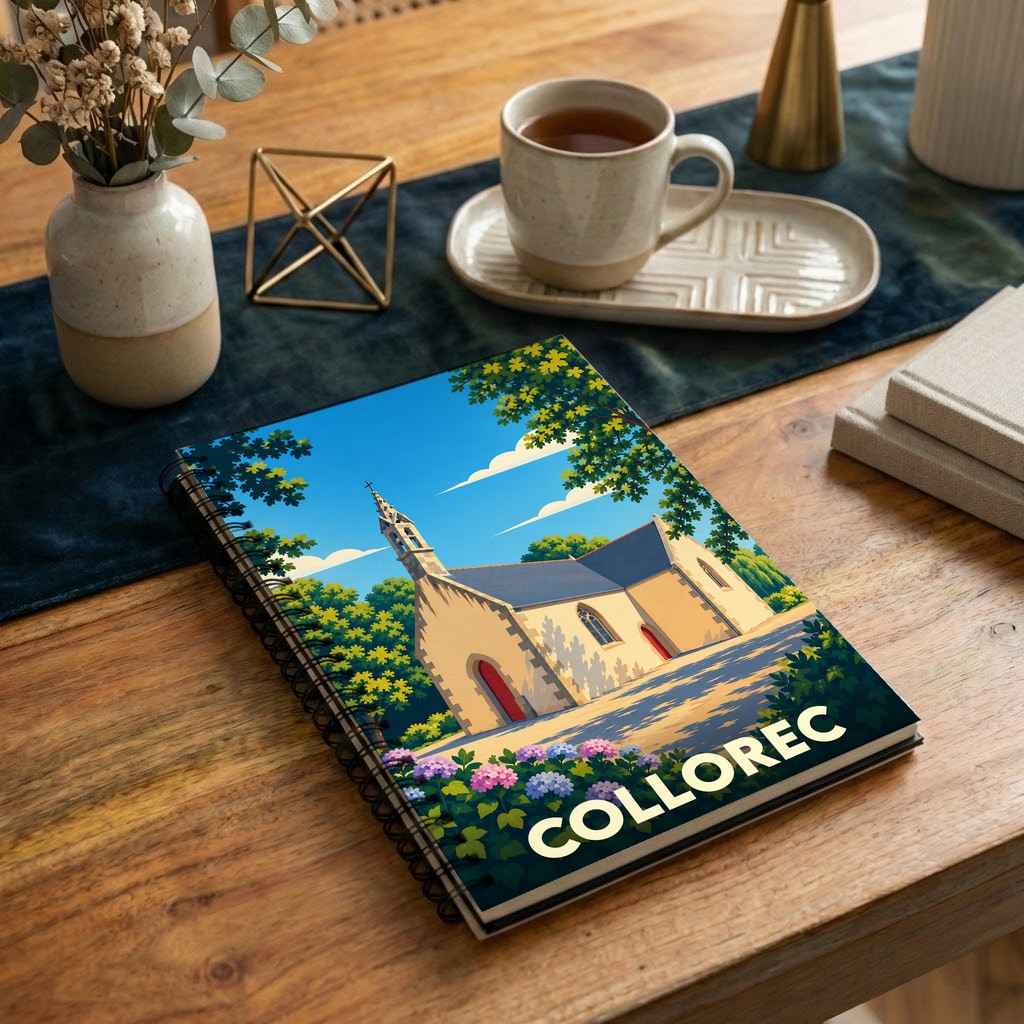 Carnet souvenir de la ville de Collorec avec une illustration stylisée d'une chapelle bretonne.