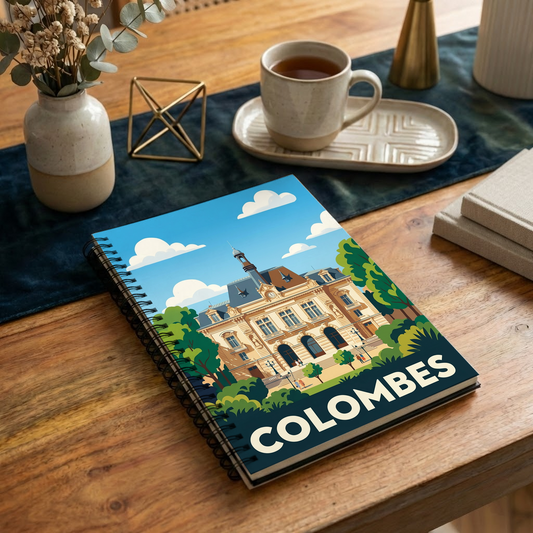 Carnet souvenir de la ville de Colombes avec une illustration stylisée de son hôtel de ville.
