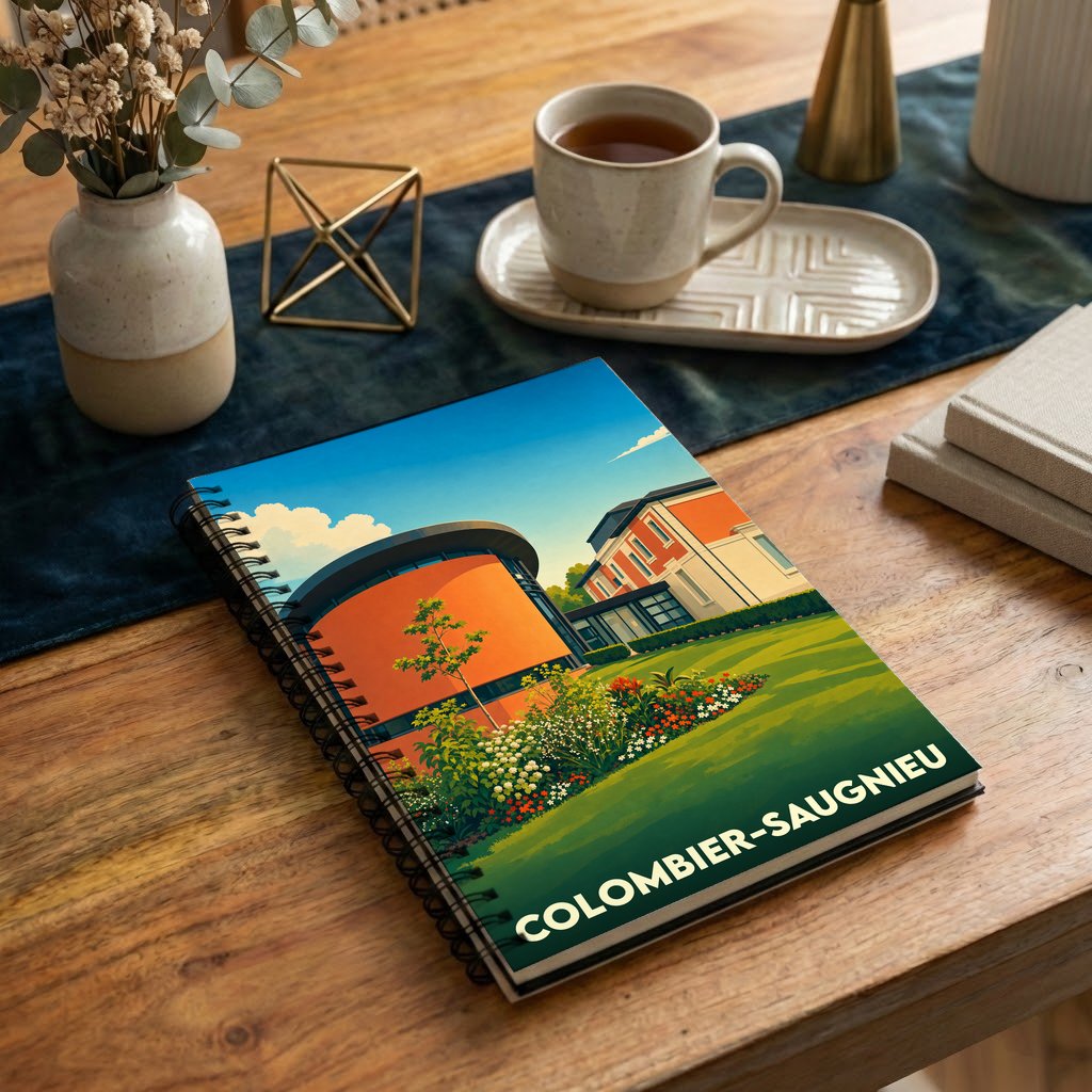 Carnet souvenir à spirale de la ville de Colombier-Saugnieu avec une illustration paysagère colorée.