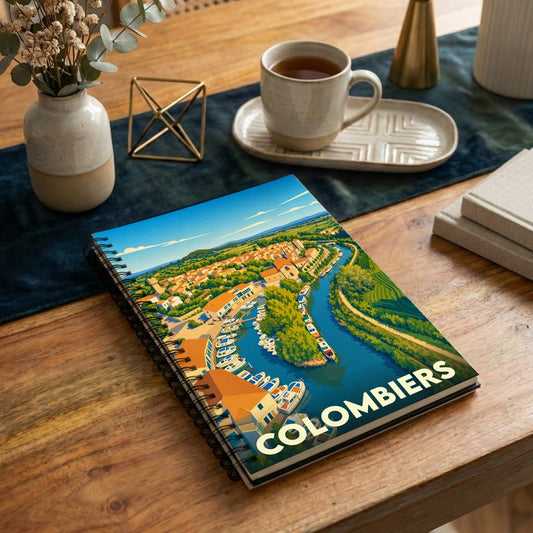 Carnet souvenir de la ville de Colombiers illustré par une vue aérienne stylisée de son port.