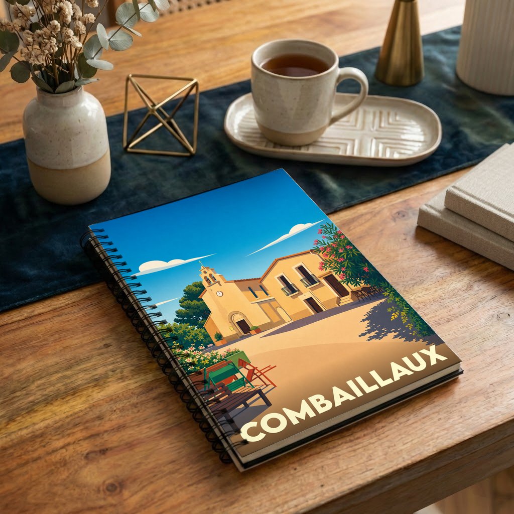 Carnet souvenir de la ville de Combaillaux avec une illustration stylisée de son église et d'une place ensoleillée.
