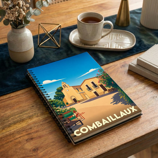 Carnet souvenir de la ville de Combaillaux avec une illustration stylisée de son église et d'une place ensoleillée.