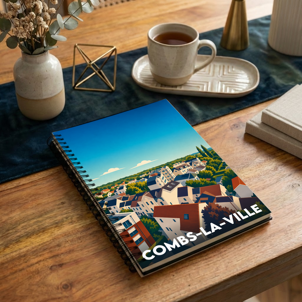 Carnet souvenir de la ville de Combs-la-Ville orné d'une illustration stylisée de son paysage urbain.