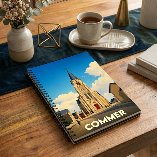 Carnet souvenir de la ville de Commer avec une illustration stylisée de son église sous un ciel bleu.