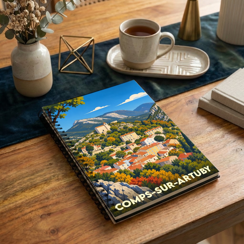 Carnet souvenir de la ville de Comps-sur-Artuby avec une illustration stylisée d'un village provençal.