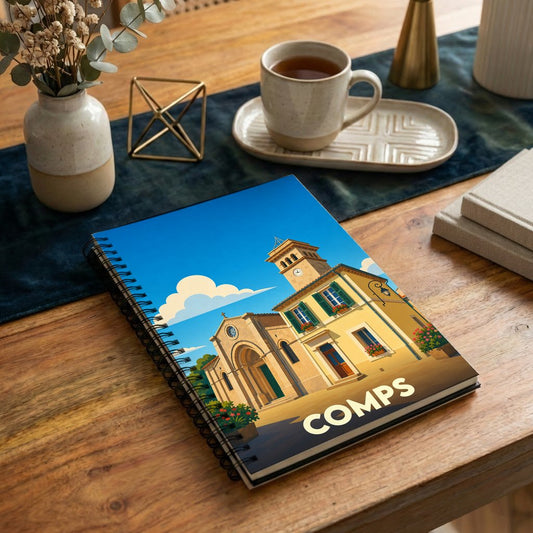 Carnet souvenir de la ville de Comps avec une illustration stylisée.